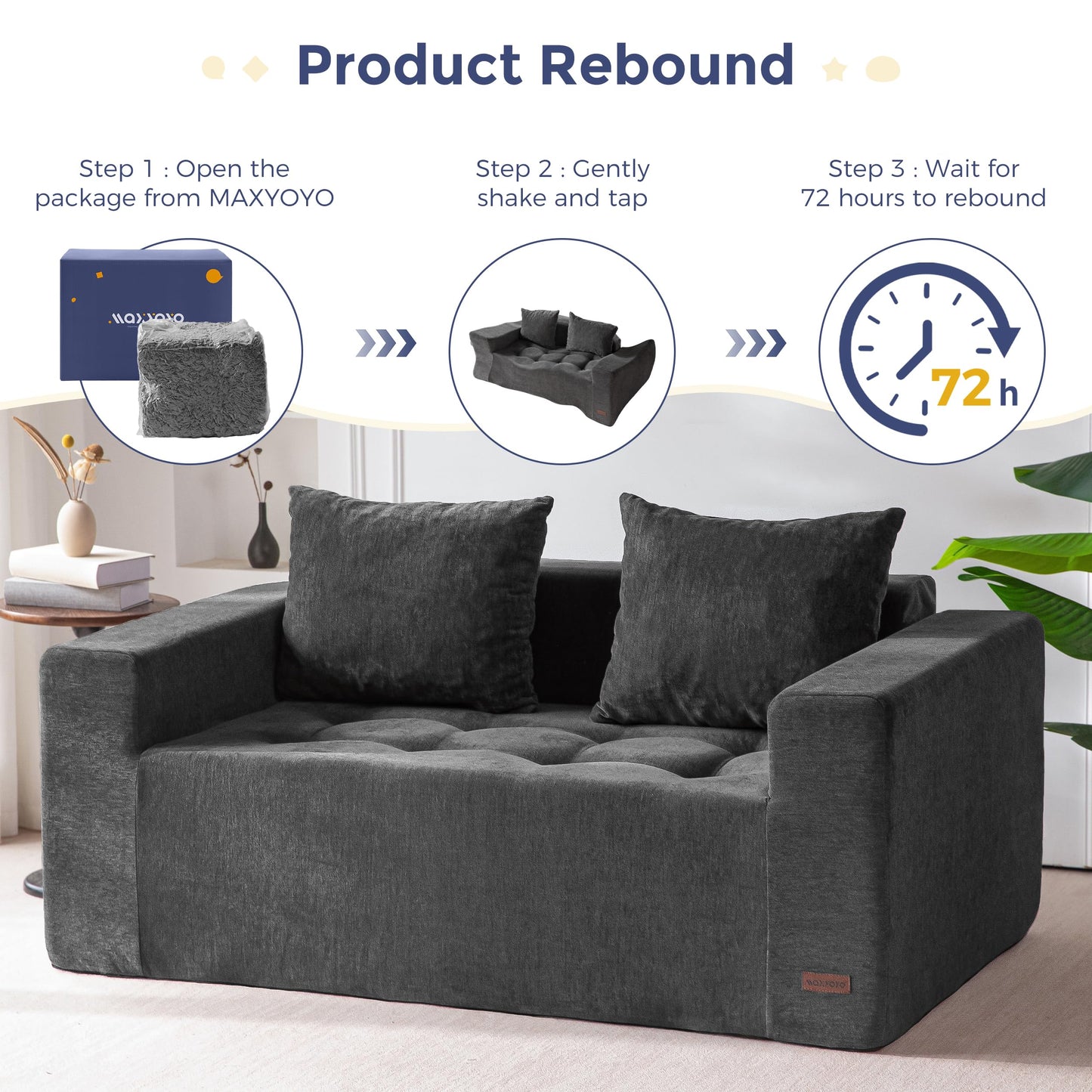MAXYOYO Modular Sofa Couch, 61" Loveseat Boneless Cloud Couch with Deep Seat, Chenille Upholstered Living Room Comfy Sofa Chair for Living Room, No Assembly Required, Dark Grey