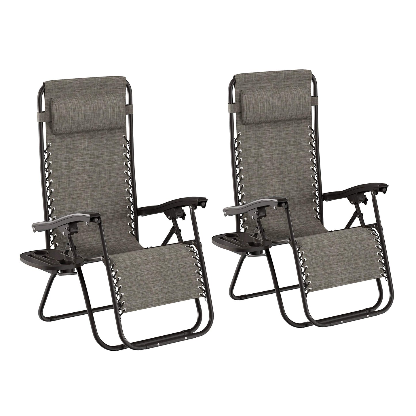 Lavish Home Zero Gravity Lounge Chairs- Set of 2- Gray Folding Anti-Gravity Recliners- Side Table, Cup Holder & Pillow-for Outdoor Lounging