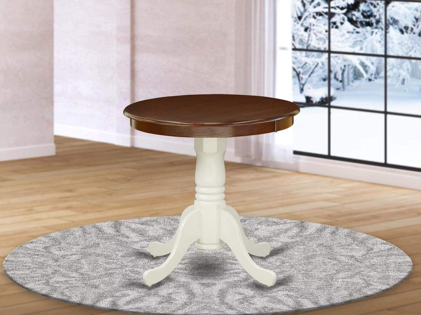 East West Furniture EMT-MLW-TP Eden Kitchen Table - a Round Dining Table Top with Pedestal Base, 30x30 Inch, Mahogany & Linen White