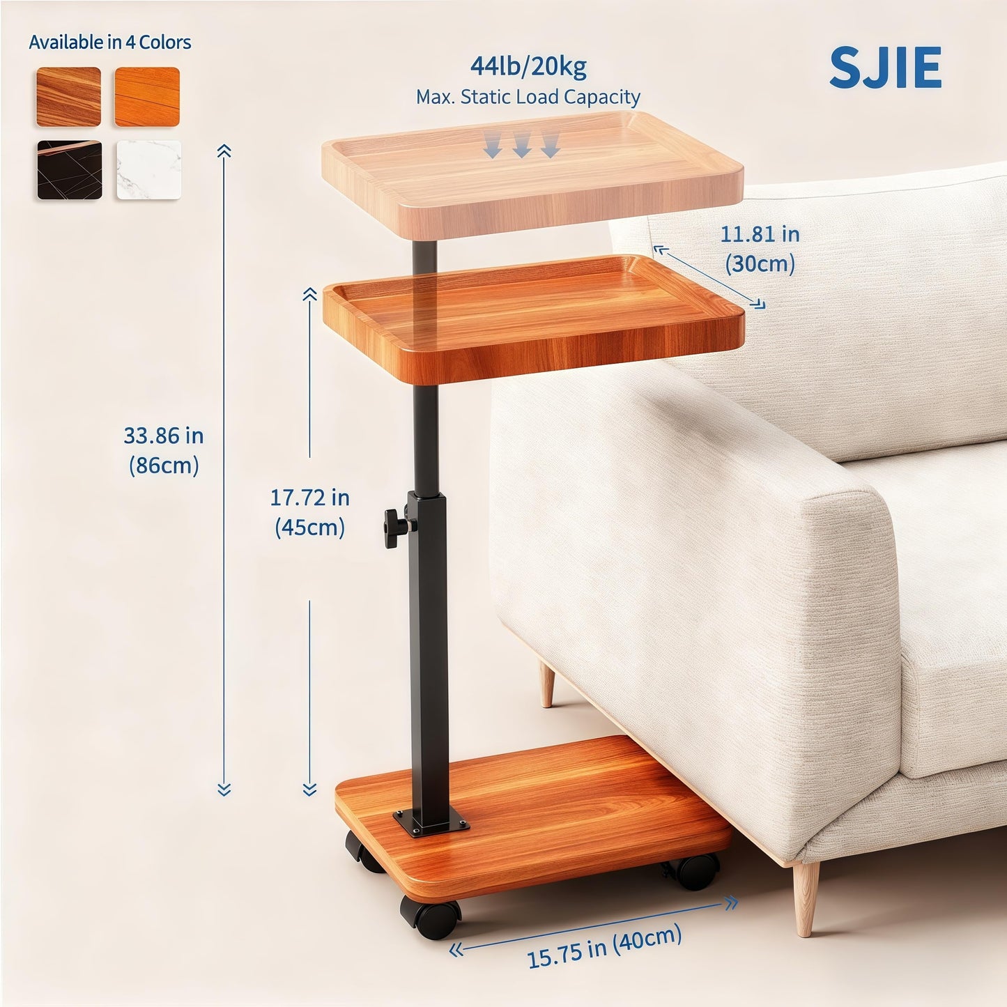 SJIE C Table End Table Adjustable Height, 360°Swivel TV Tray Table for Small Spaces, Side Tables with Wheels for Living Room and Bedroom, Bed (Yellow)