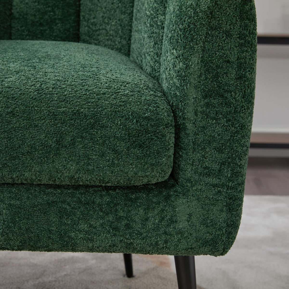 Noble House Home Furnishings Hucdt 29.9'' Boucle Barrel Club Chair, Upholstered Accent Chair, Channel Tufted Armchair, Extra Seating Lounge with Metal Legs, Single Sofa for Living Room Home, Green