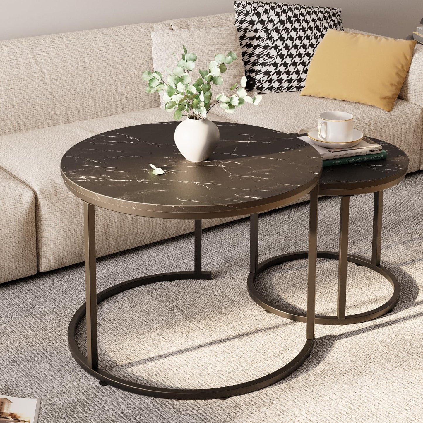 aboxoo Round Nesting Coffee Table Side Set of 2 End Tables for Living Room Bedroom Balcony,Black Faux Marble Wooden Table 23.6IN Accent Large Coffee Table with Steel Frame