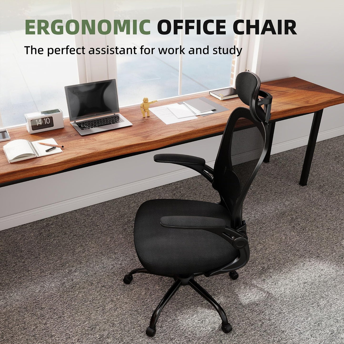 ralex-chair Ergonomic Office Chair with Adjustable Headrest & Lumbar Support, Computer Desk Chair with Flip-Up Armrests, Comfortable for Home, Office, Conference Room