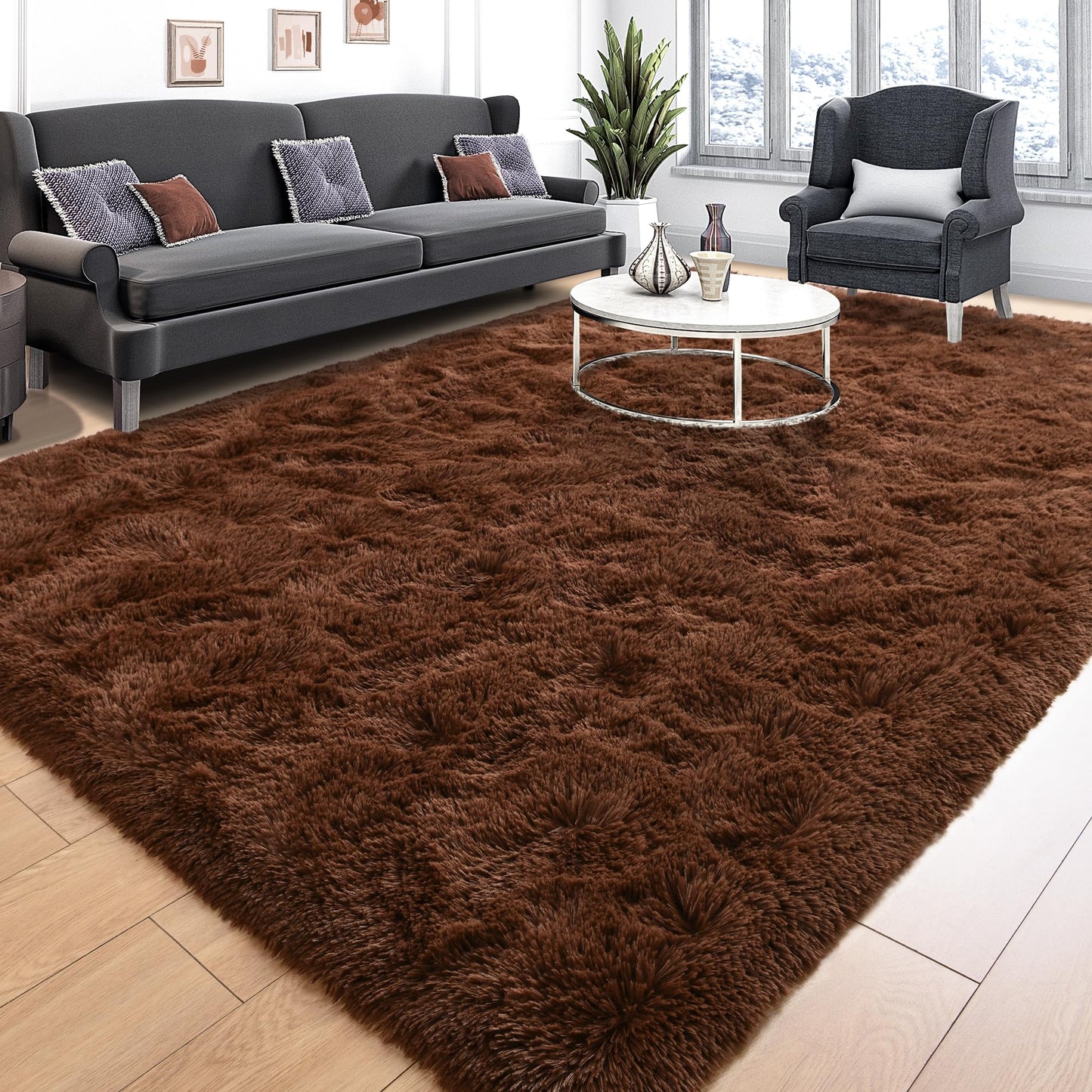 Tepook Super Soft Fluffy Rug for Bedroom, Modern Shaggy Fuzzy Kids Rugs for Living Room, Plush Indoor Nursery Home Decor Dorm Carpet with Non-Slip Bottom, Brown, 4 X 6 Feet