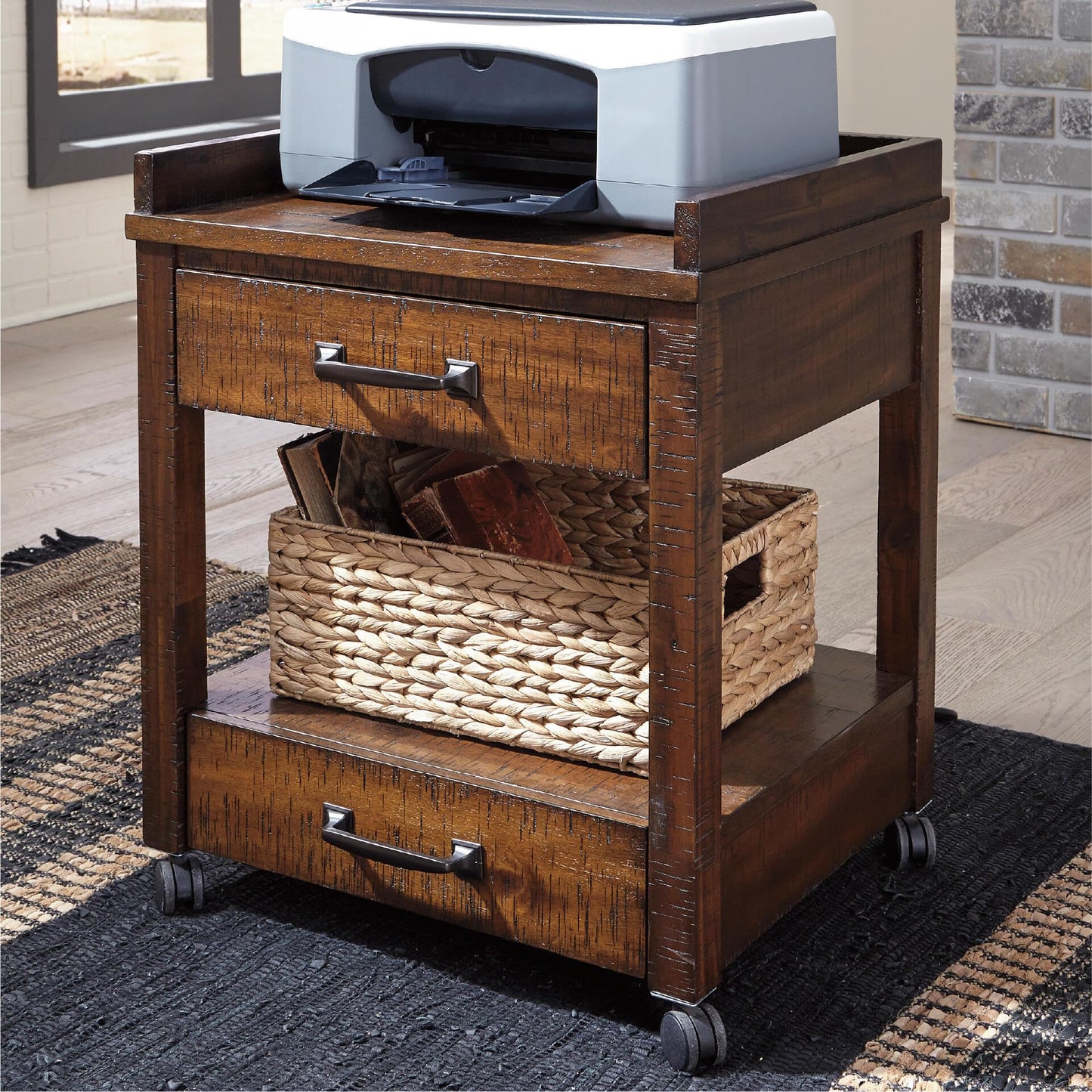 Signature Design by Ashley Baldridge Office Printer Stand, Storage, Electrical Outlets, USB Charing Ports, Wood, 21" W x 18" D x 24.63" H, Brown