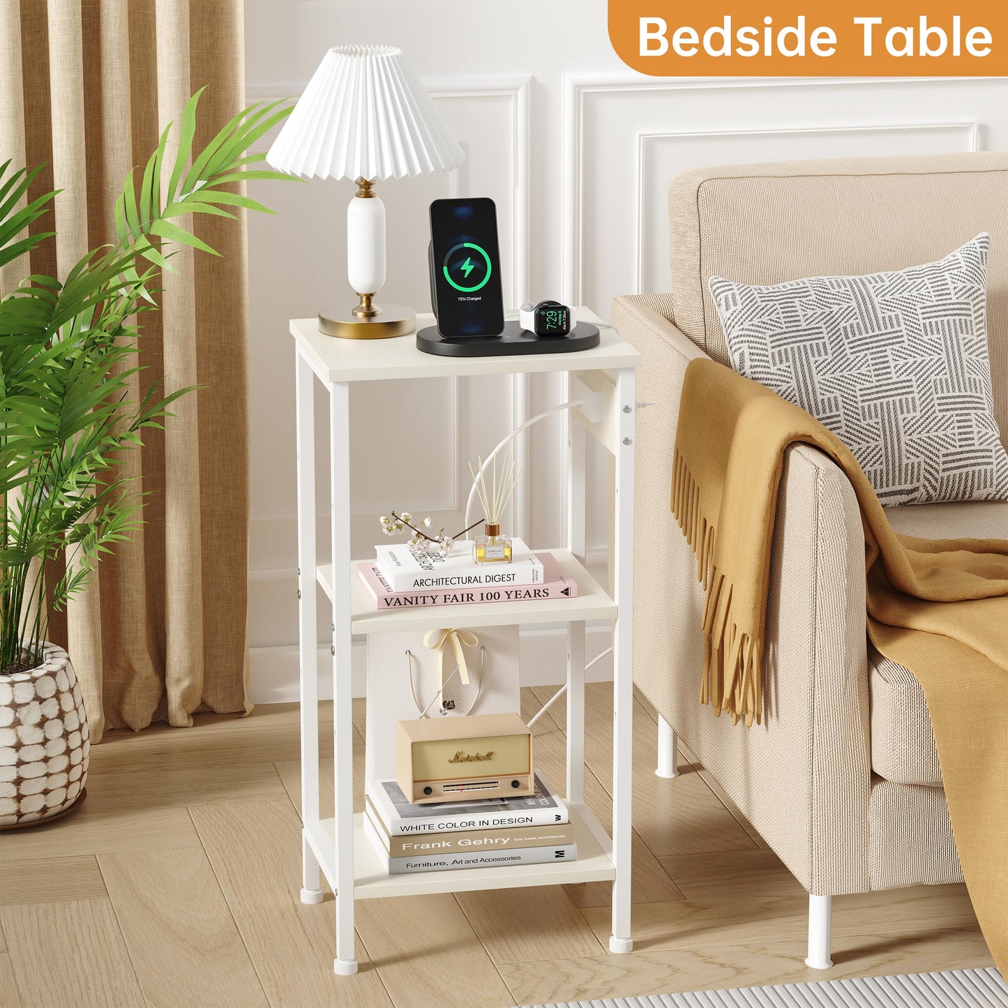 Asgolion Tall End Table with Charging Station, 3 Tier Narrow Tall Nightstand with Storage, Slim Side Table for Bedroom, Living Room, Nursery, Office, Cream White