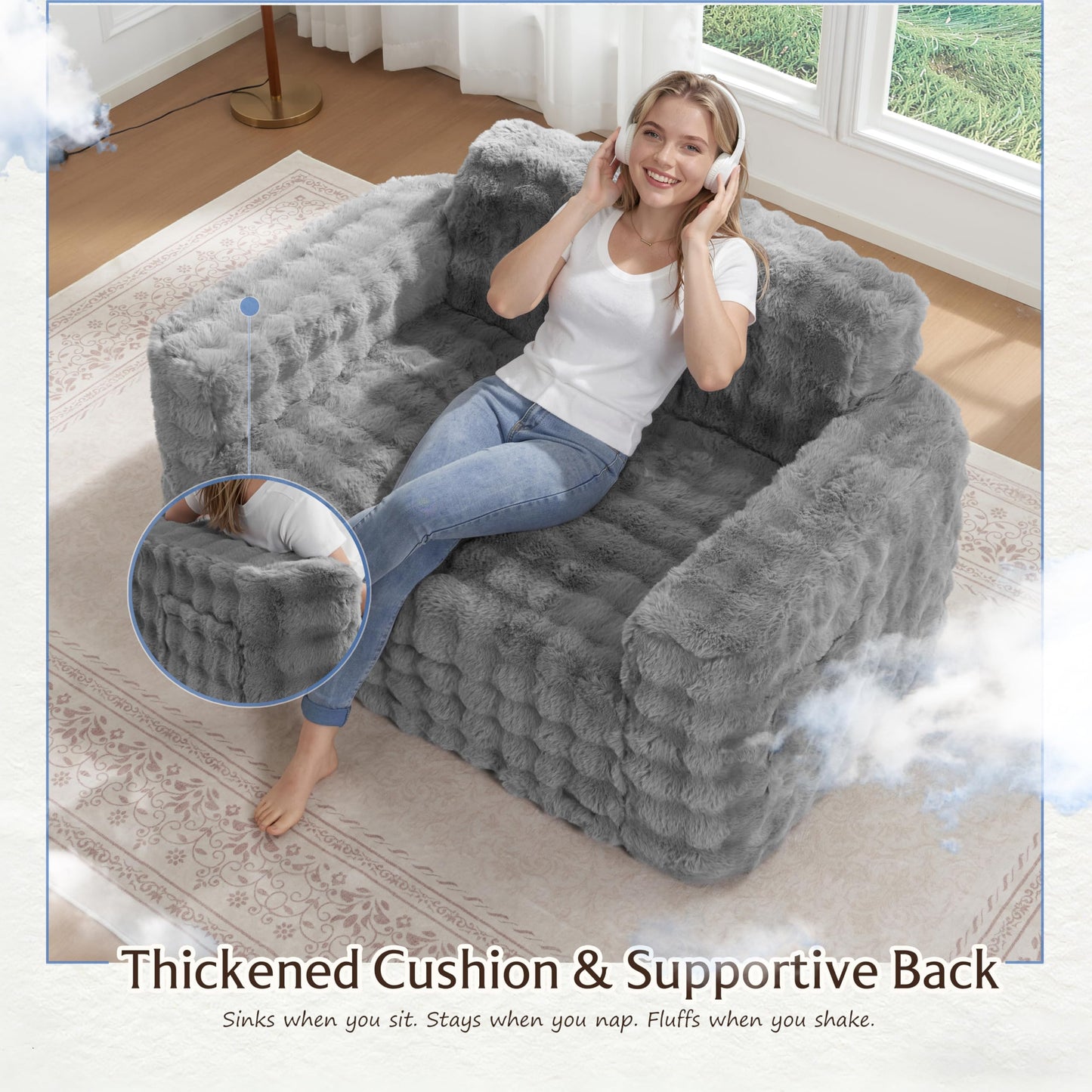 ZurNesfure Sofa Couch Loveseat, Memory Foam Couch with Pillow, Modern Cloud Couch with deep seat and Removable Washable Cover Boneless Sofas for Living Room Bedroom Apartment (Grey,Loveseat)