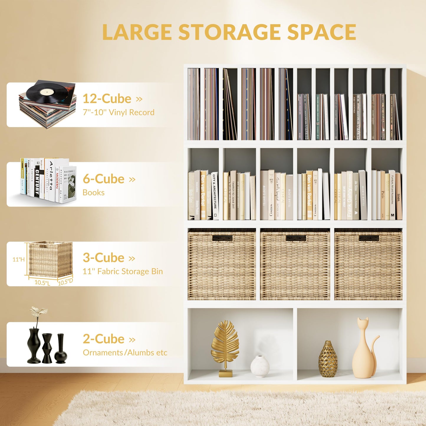 IOTXY DIY Modular Cube Bookcase - CubeXY Customizable Stackable Expandable Combination Set, 23-Cube Open Bookshelf for Books, Fabric Storage Bin, and 7/10-inch Vinyl Record Organizer, White