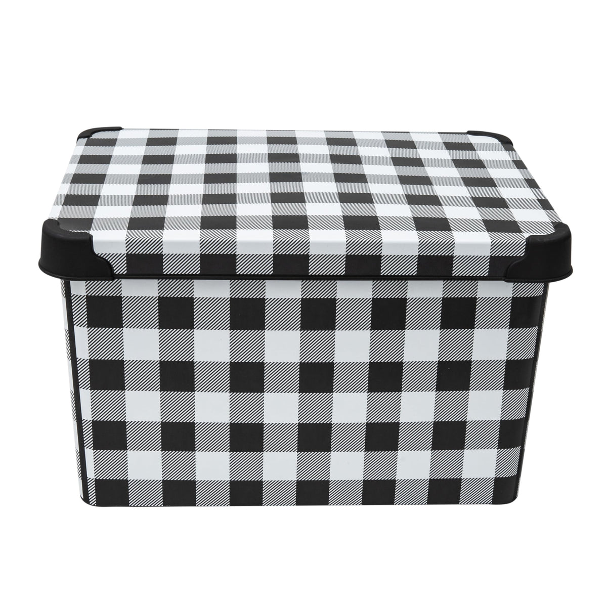 Simplify Checkered Design Storage Bin | Christmas Tote | Holiday Décor Decorations Organizer | Buffalo Plaid Design | Lidded | Stackable | Black and White