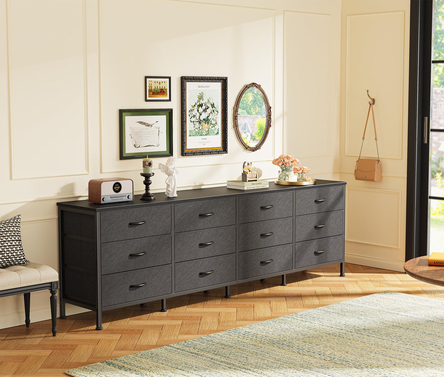 Huuger 70 Inch Black Dresser for Bedroom, TV Stand for 65, 75, 80 Inch TV, 12 Fabric Drawer Long Dresser, Wide Chest of Drawer, Storage Units for Living Room