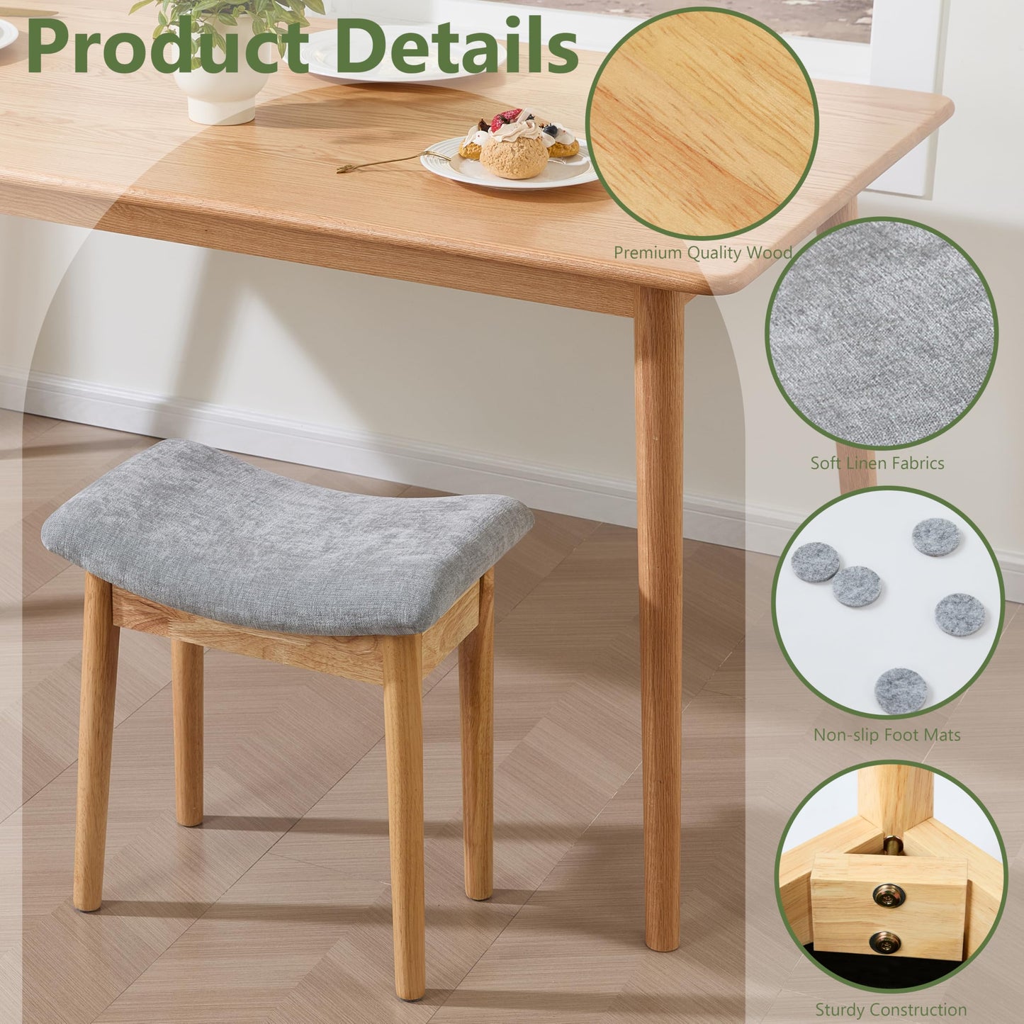 Royal Windsor Vanity Stool with Saddle Cushion, 18 Inch Makeup Vanity Chair for Living Room, Modern Foot Stool Ottoman Piano Bench,Small Upholstered Bench for Bedroom, Grey