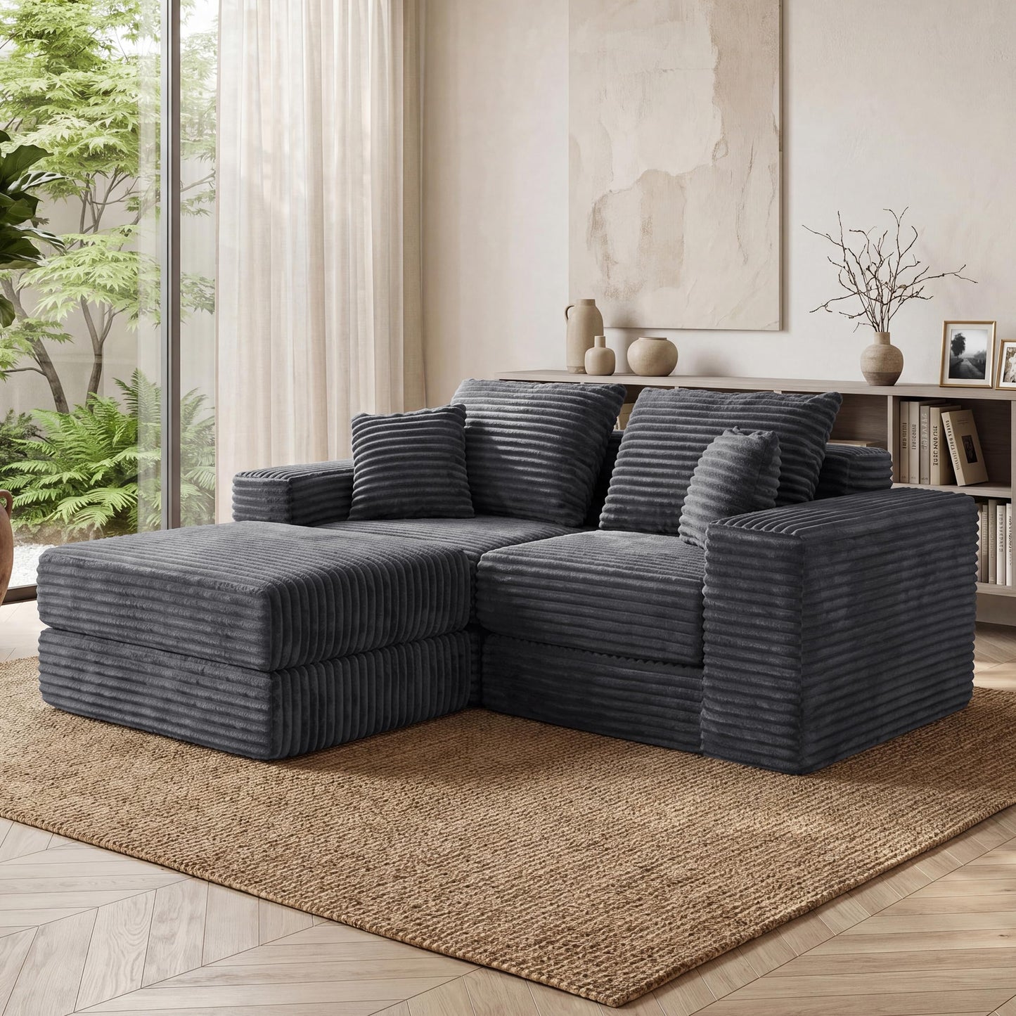 75'' L-Shaped Cloud Modular Sectional Couch with Chaise, Modern Corduroy Memory Foam Sofa Bed, Upholstered Boneless Deep Seat Fluffy Sleeper Sofa, for Living Room, No Assembly Needed (Dark Grey)