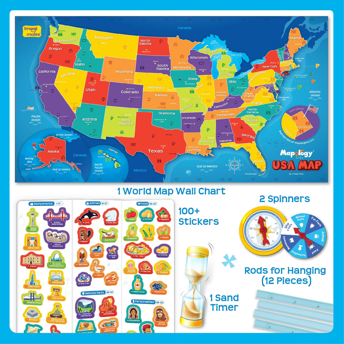 Imagimake Mapology USA Map with Reusable Stickers | 100+ Jelly Stickers | Classroom Geography Games & Learning Kids Toys Age 5-8 | Gifts for Boys & Girls Age 5,6,7,8,9,10,11,12 Years Old