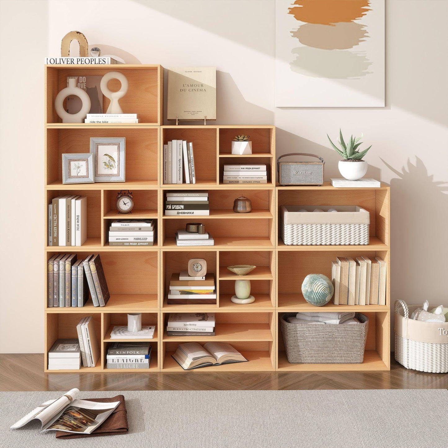 WHOOSPEREH 3 Cube Organizer Bookcase, Easy Assembly Wooden Open Shelving Unit Book Shelf, Expandable Storage Shelves for Living Room, Office, Bedroom, Beech Color (1 Set)