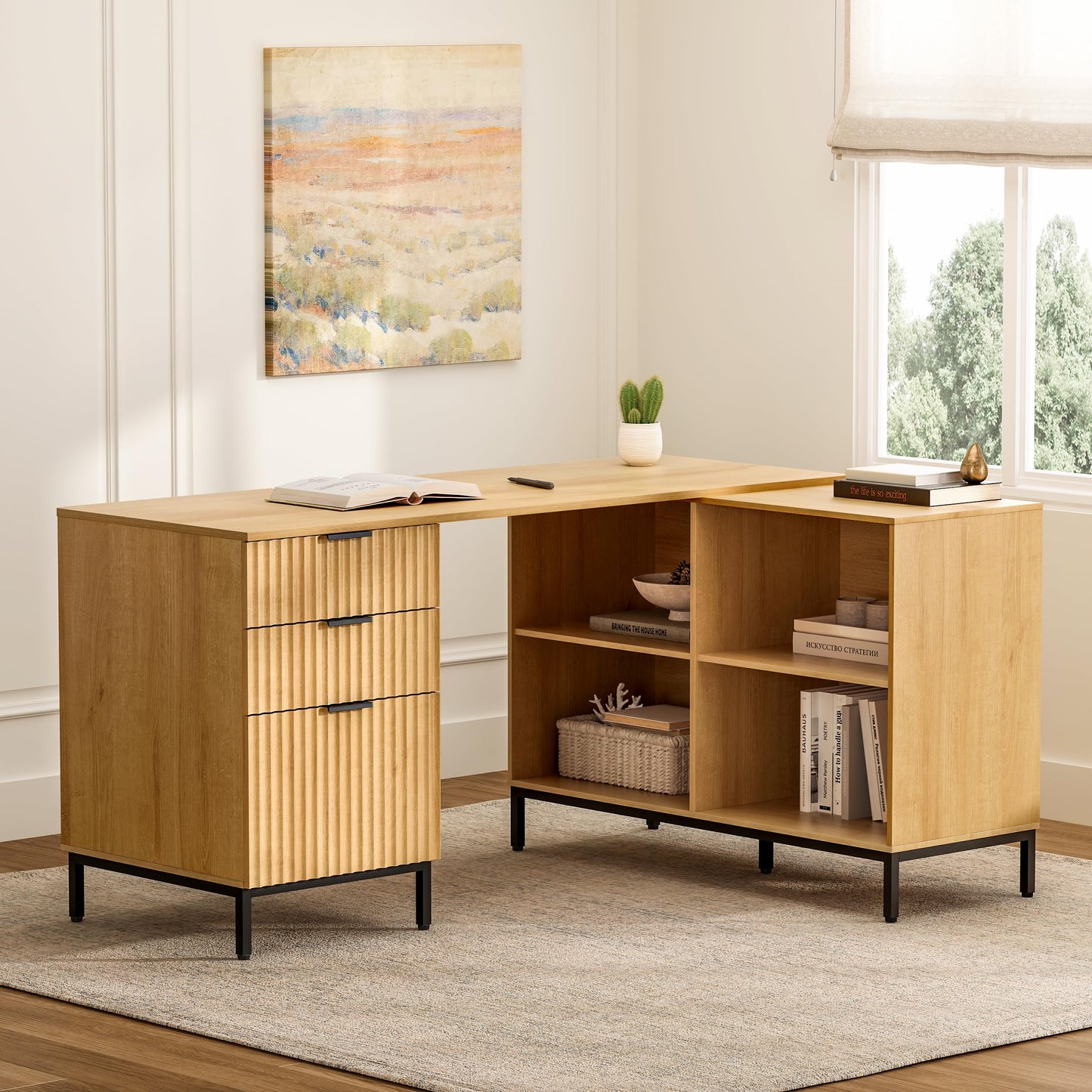 EYYTHUNG L Executive Desk with Storage Cabinet, 60" Fluted Modern Flexible Home Office Desk, Large Wood Convertible Computer Standing Up Desk with File Drawer, Writing Desk Natural Oak