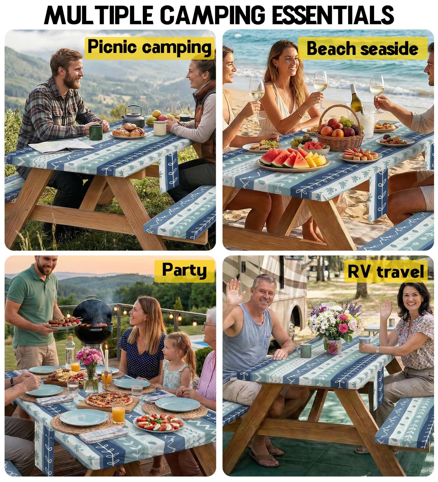 Picnic Table Cover with Bench Covers Waterproof Elastic Rectangle Furniture Fitted Tablecloth Table Cloth Glamping Camp Camper Camping Essentials Outdoor Road Trip Rv Car Travel Vacation Canping Gear