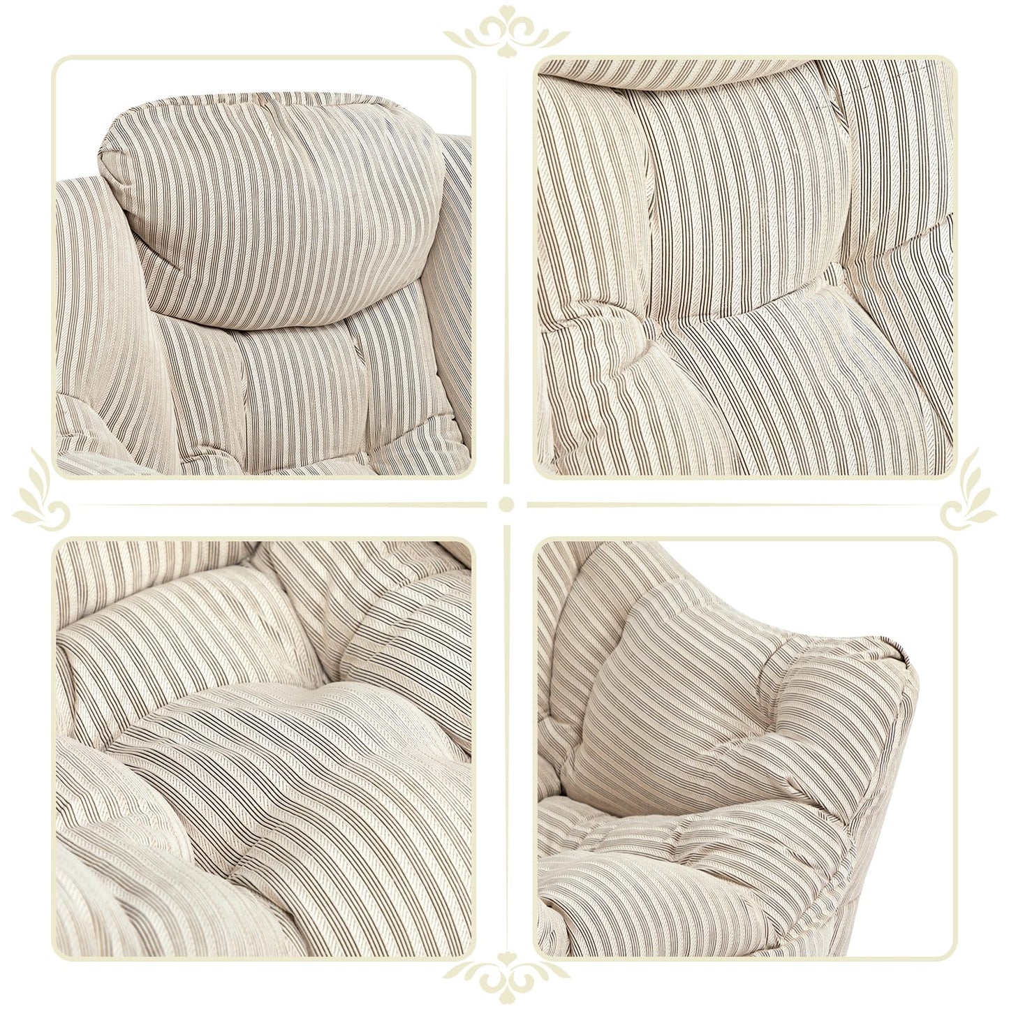 HollyHOME Lazy Chair with Foldable Ottoman, Accent Comfy Lounge Armchair and Folding Footrest Stool, Leisure Sofa Reading Chair and Footstool for Living Room, Bedroom, Dorm,Beige Stripe