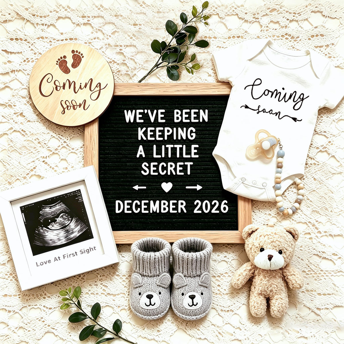 Pregnancy Announcement, Baby Announcement Ideas Set Include Felt Letter Board, Baby Onesie, Booties, Photo Frame, Wooden Sign and Bear Plush, Pregnancy Announcement Photo Props Coming Soon Baby Announcement