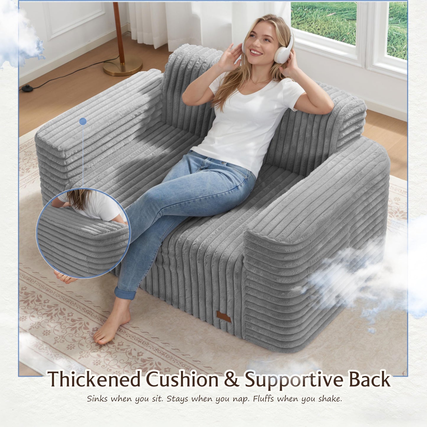 ZurNesfure Sofa Couch Cloud Loveseat, Memory Foam Couch with Pillow No Assembly Need, Modern Couch with deep seat and Washable Cover Boneless Sofas for Living Room Bedroom Apartment (Grey,Loveseat)