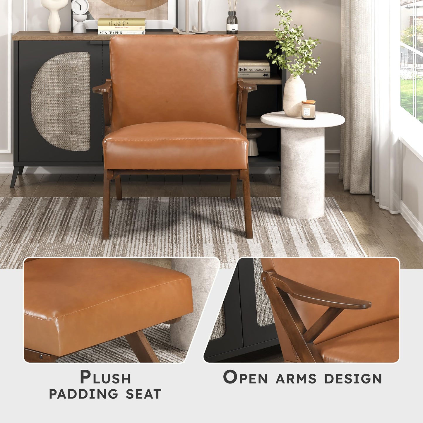 Lexicon Mid Century Modern Accent Chair, Faux Leather Upholstered Lounge Seat, Brown Finish Solid Wood Framed Comfy Side Chair for Living Room/Bedroom/Office/Waiting Area, Brown