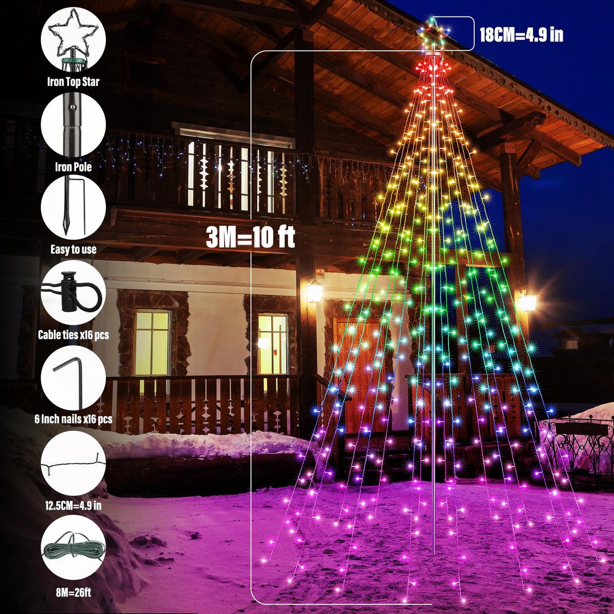 Flacchi Outdoor Star String Lights - Pole Set with Remote, Multiple Lighting Modes, Timer, and Waterproof Feature for Ultimate Holiday Decor (RGB, 10 FT/408LED)