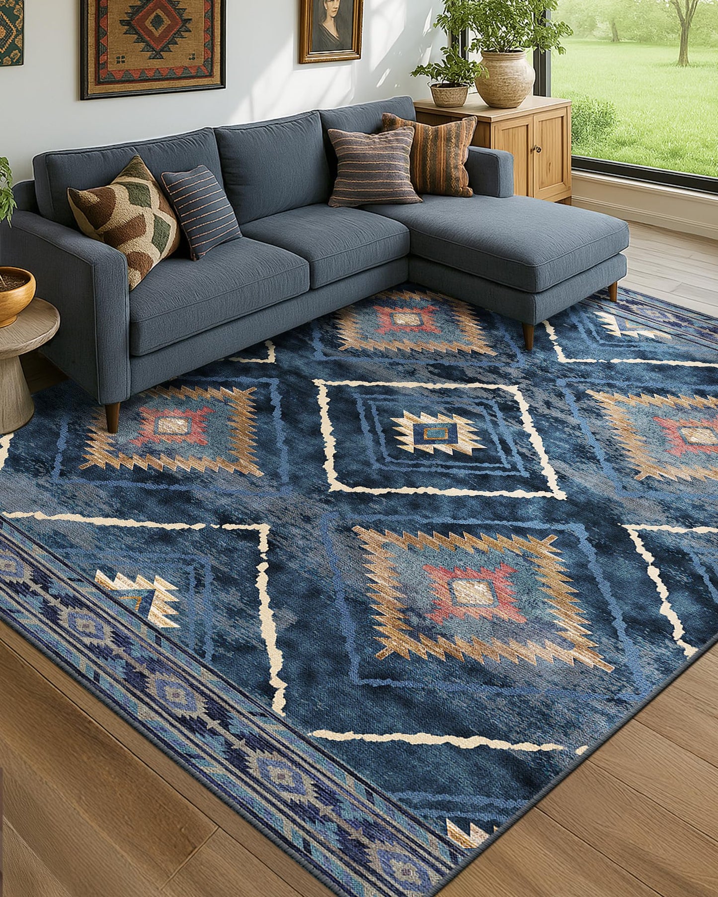 BESTSWEETIE Area Rug 8x10 Rug Machine Washable Non-Slip Low Pile Print Pattern Western Rug for Living Room Bedroom Entryway Tribal Series -Darkblue