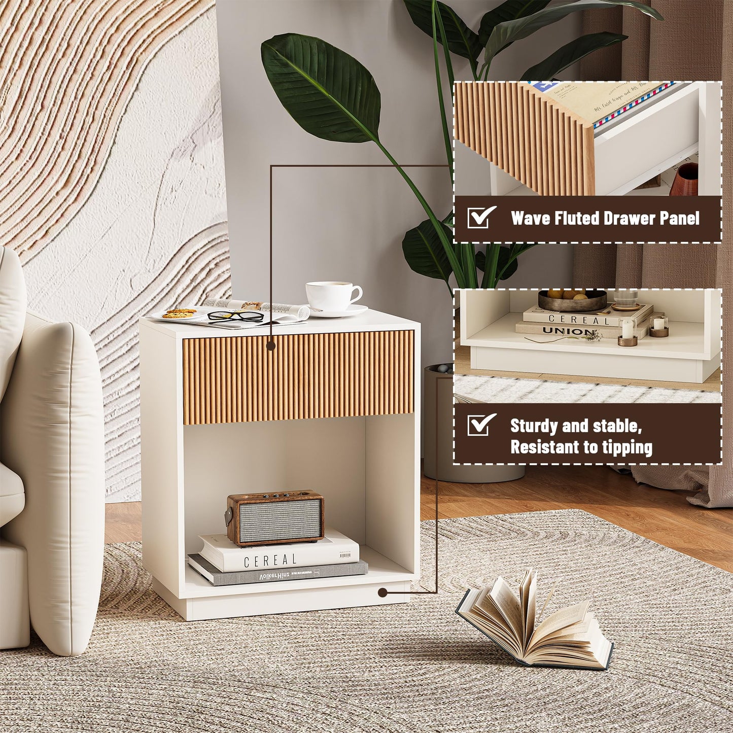 Fluted Nightstands Set of 2, Modern Bedside Table with Storage Drawer and Open Wood Shelf, Wood End Table Mid Century Night Stands for Bedroom Living Room Sofa Couch Office White & Oak