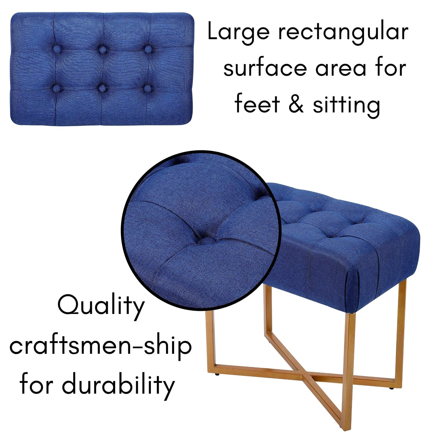 BIRDROCK HOME Rectangle Tufted Linen Ottoman Foot Rest - 19.7x11.82x17.73” Small Foot Stool with Legs - Padded Footrest Modern Ottomans for Living Room Furniture, Bedroom Footstool (Blue)