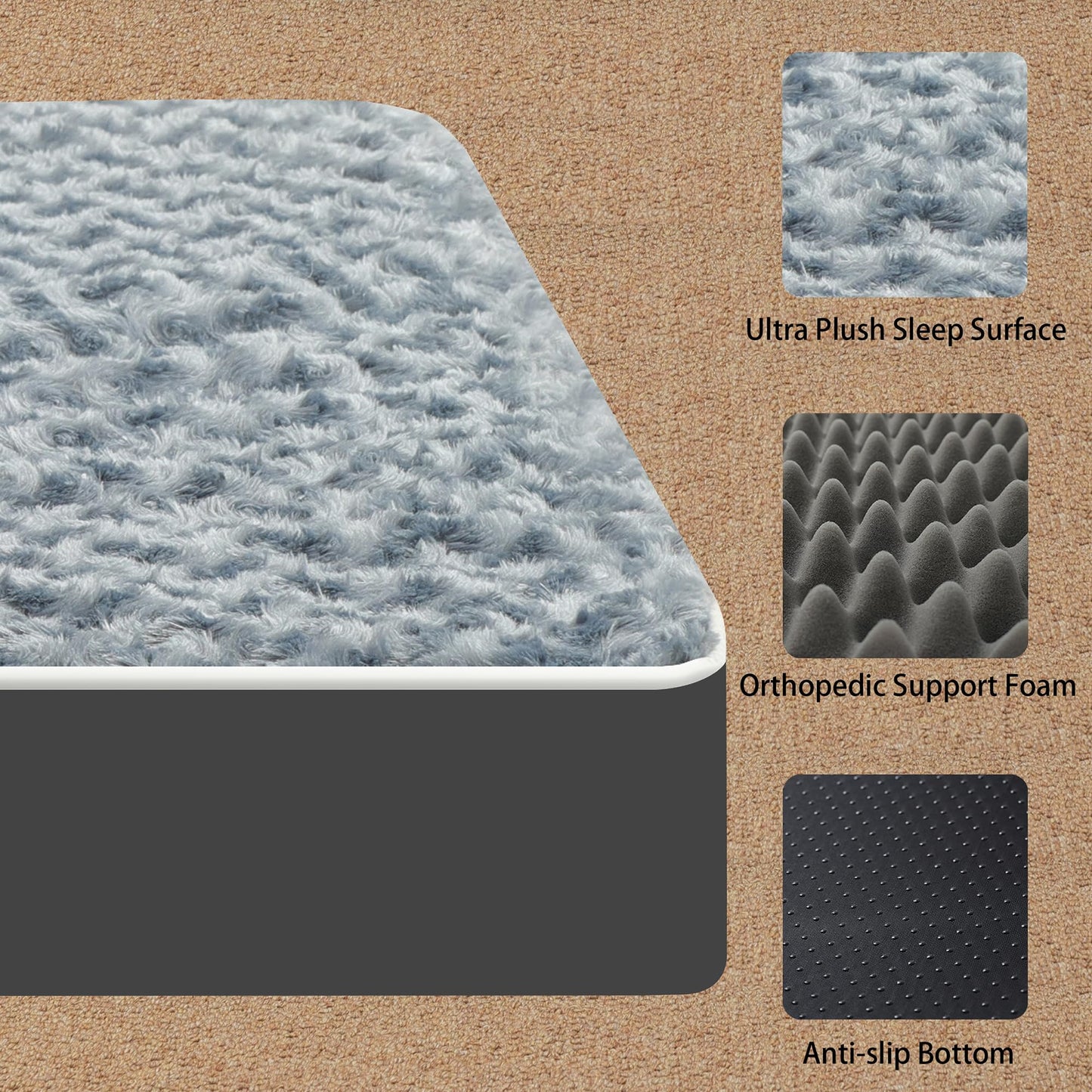 YIZHUOPET Orthopedic Rose Plush Cover Dog Bed,Small M Sized Dog 30''X20''x3'' Soft Waterproof Egg Foam Pet Crate Beds Mat or Kennel Pads with Removable Washable Cover,Non-Slip Bottom,Grey