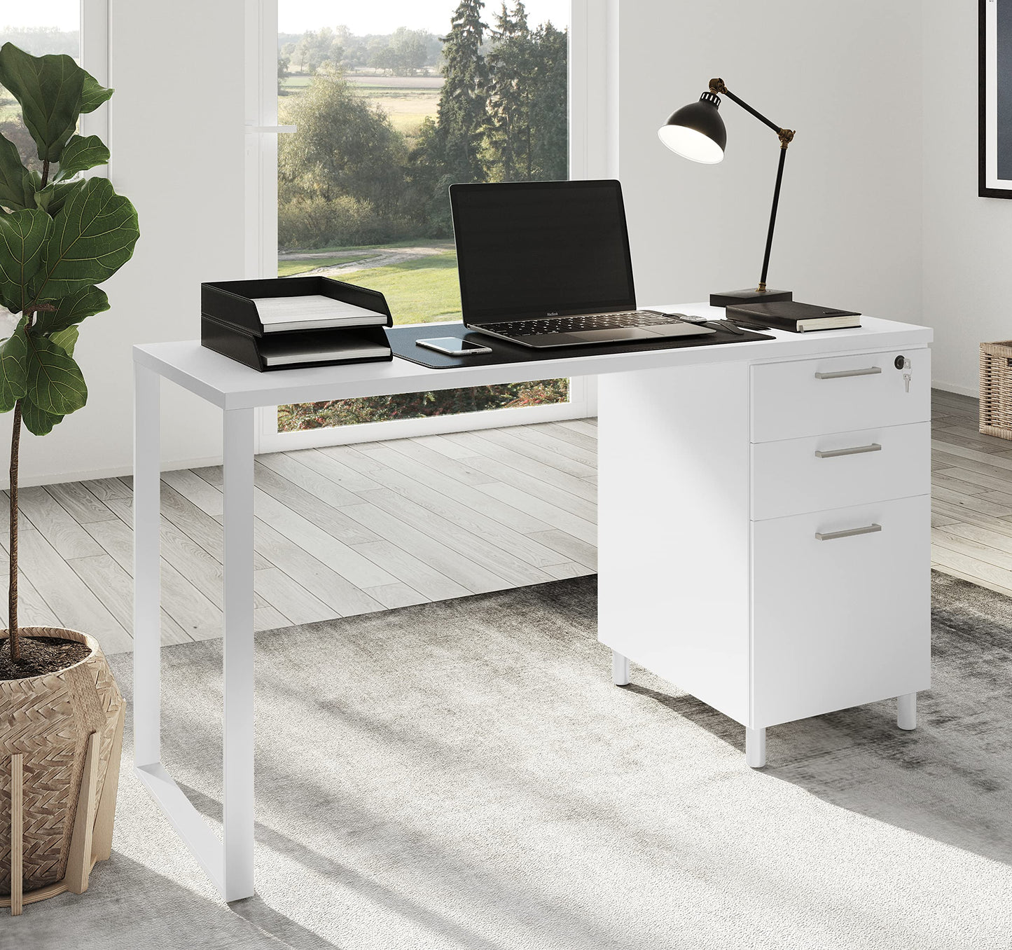 Modern Design Milano Office Desk with 3 Locking Drawers, 48 Inch White Industrial Wood Desk with Filing Drawer and Storage, by Crafts and Comfort