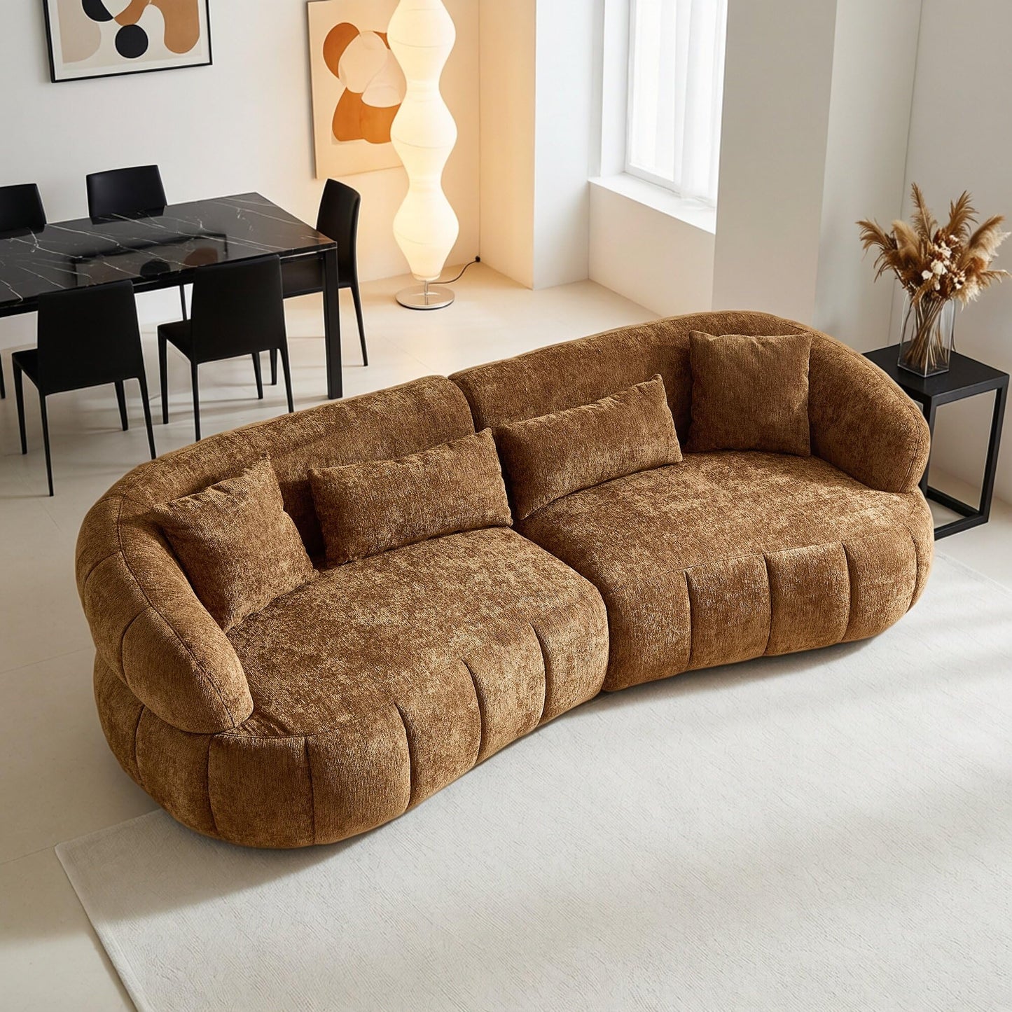 BBTJOINT Loveseat Sofa Set, Channel Tufted Brown Chenille Upholstery, Curved Bubble Design, Modern Living Room Couch
