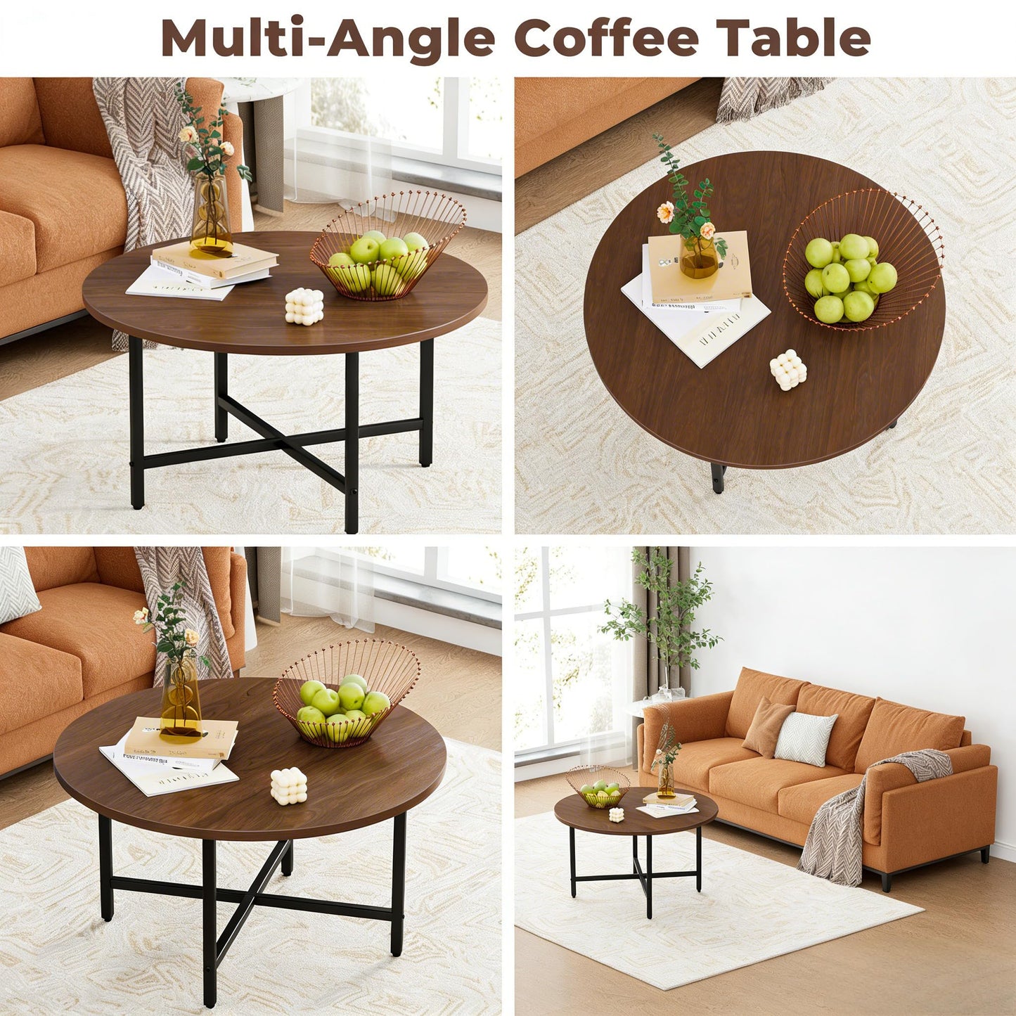 FAMIDGE Coffee Table, 23.6" Coffee Tables for Living Room, Round Coffee Table with Metal Frame, Floor Table for Sitting on The Floor, Home, Office, Dark Walnut