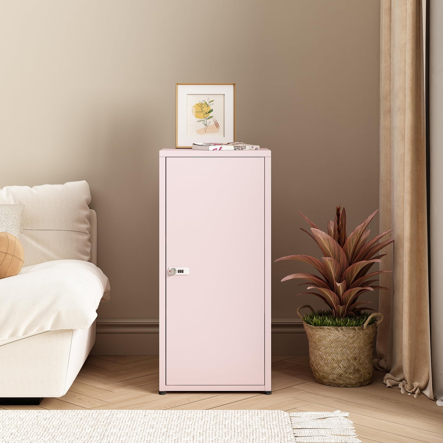 MIOCASA Metal Storage Cabinet with Lock, 3 Adjustable Shelves Single Door Steel Locker for Home, Office & Garage (Pink)