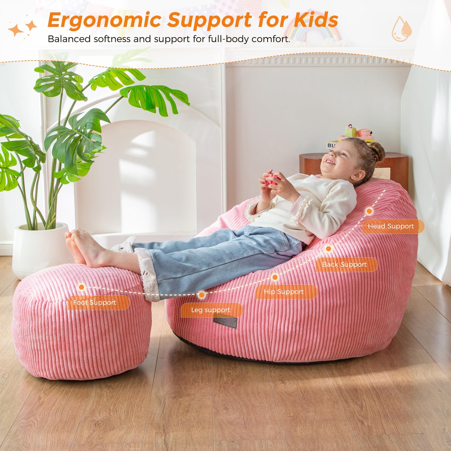 MAXYOYO Kids Bean Bag Chair with Ottoman, Soft Plush Bean Bag Sofa with Removable Cover for Boys and Girls, Convenient Floor Seat with Handle, Comfy Toddler Lounge Chair for Playroom, Bedroom, Pink