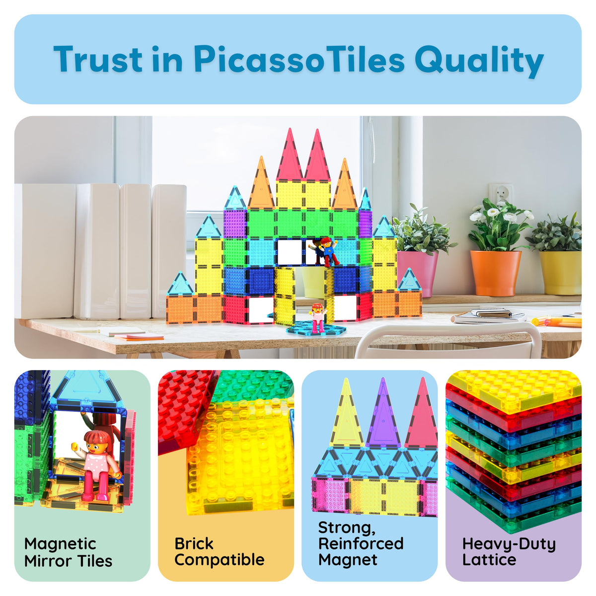 PicassoTiles 63pc Magnetic Tile Building Block Set with 2 Character Figures STEM 3D Construction Educational Toy for Kid Toddlers Boys Girls Age 3 Plus Montessori Learning Playset Creativity Kit PTL63