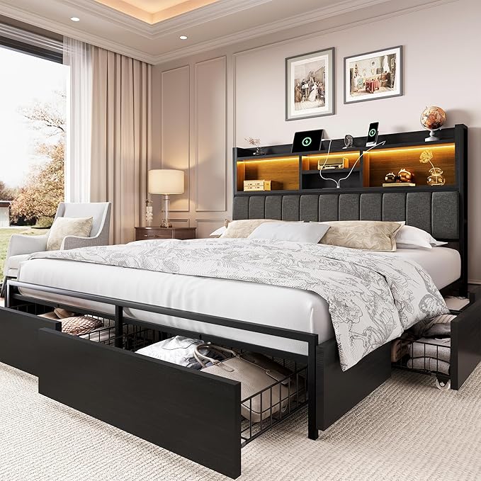 LARMACE King Bed Frame with 6 Storage Drawers, Bed Frame King Size with Linen