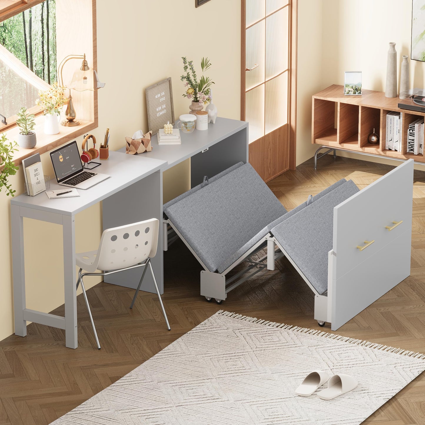 Twin Size Murphy Bed Cabinet - Multifunctional Bed with Adjustable Position Desk and Upholstered Folded Bed, Space Saving Beds with Wheels and Metal Handles, Hidden Beds for Small Spaces (Grey)