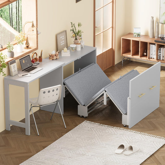 Twin Size Murphy Bed Cabinet - Multifunctional Bed with Adjustable Position Desk and Upholstered Folded Bed, Space Saving Beds with Wheels and Metal Handles, Hidden Beds for Small Spaces (Grey)