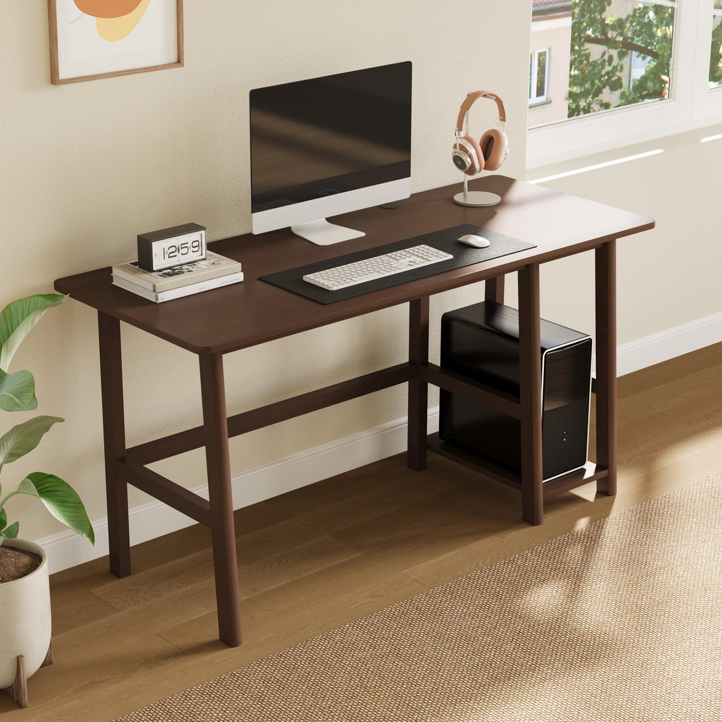 NELYE Solid Wood Computer Desk - 52" W x 24" D Modern Minimalist Table with Shelf，Sturdy Computer Workstation for Home Office, Oak