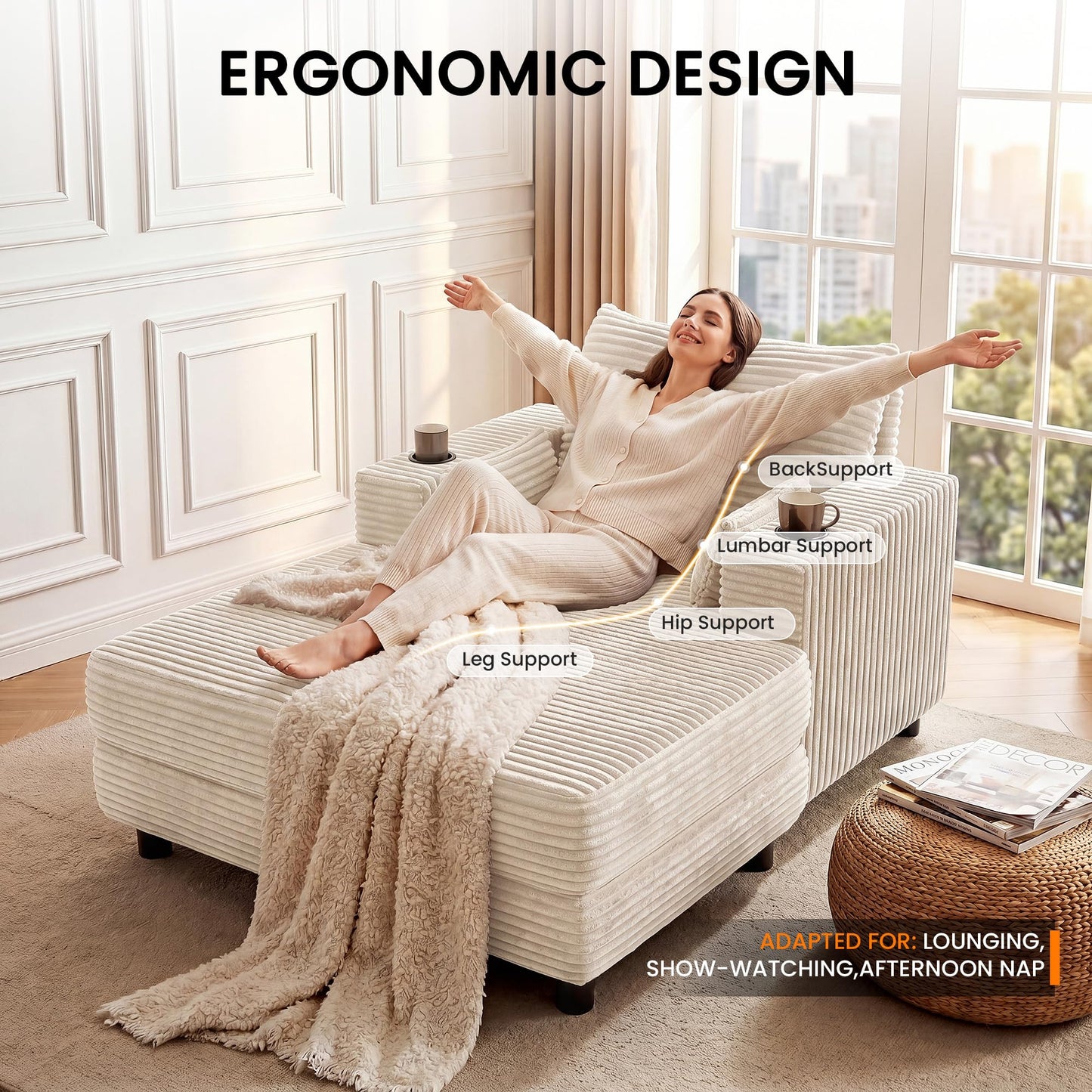 GRUSIGN 64" Chaise Lounge Chair Indoor, Oversized Sleeper Chair with Wood Frame, Corduroy Bedroom Couch, Reading Chair for Living Room, Deep Seat Sofa Bed with 2 Cup Holders