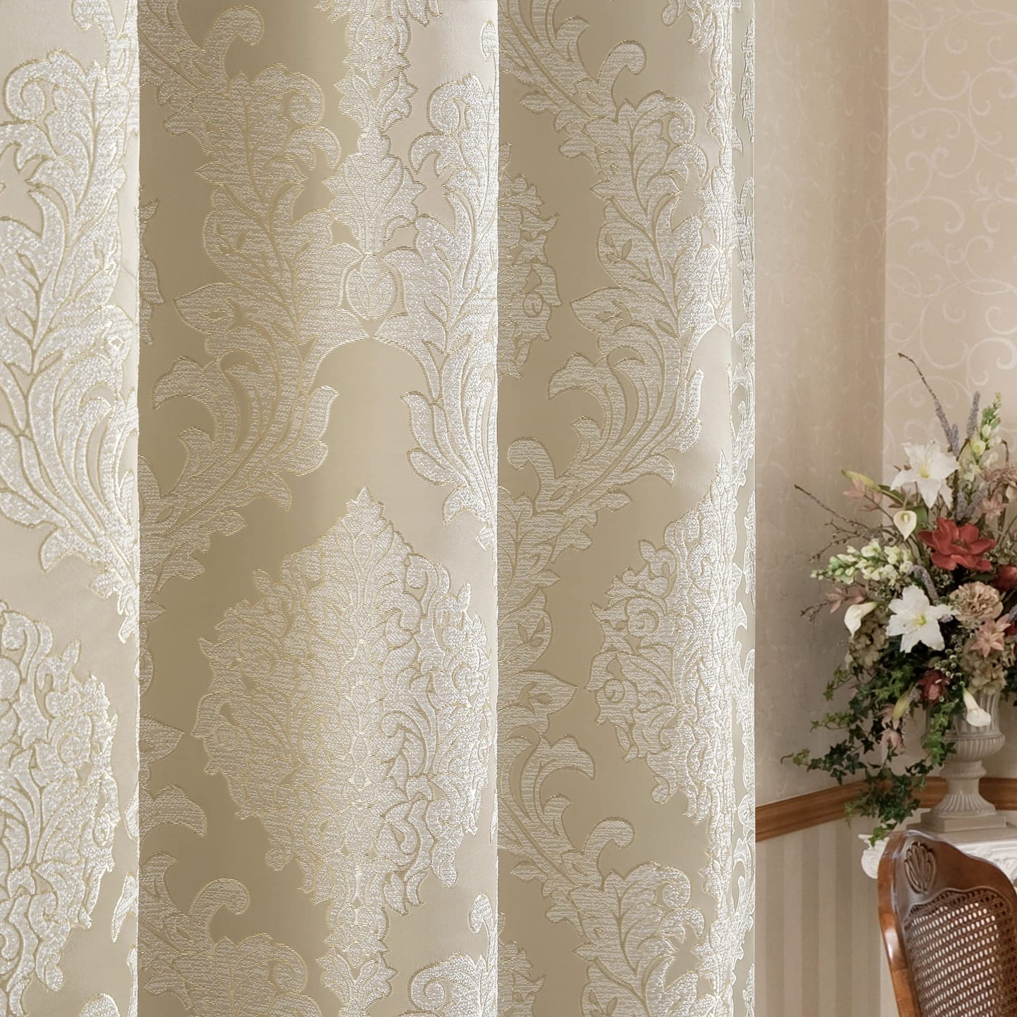Loom and Mill Luxury Jacquard Curtains for Bedroom, Beige Damask Curtains 2 Panels with Tiebacks, Elegant Window Curtain for Living Room Holiday Banquet Decor(52”Wx 84”L, 2 Panels)