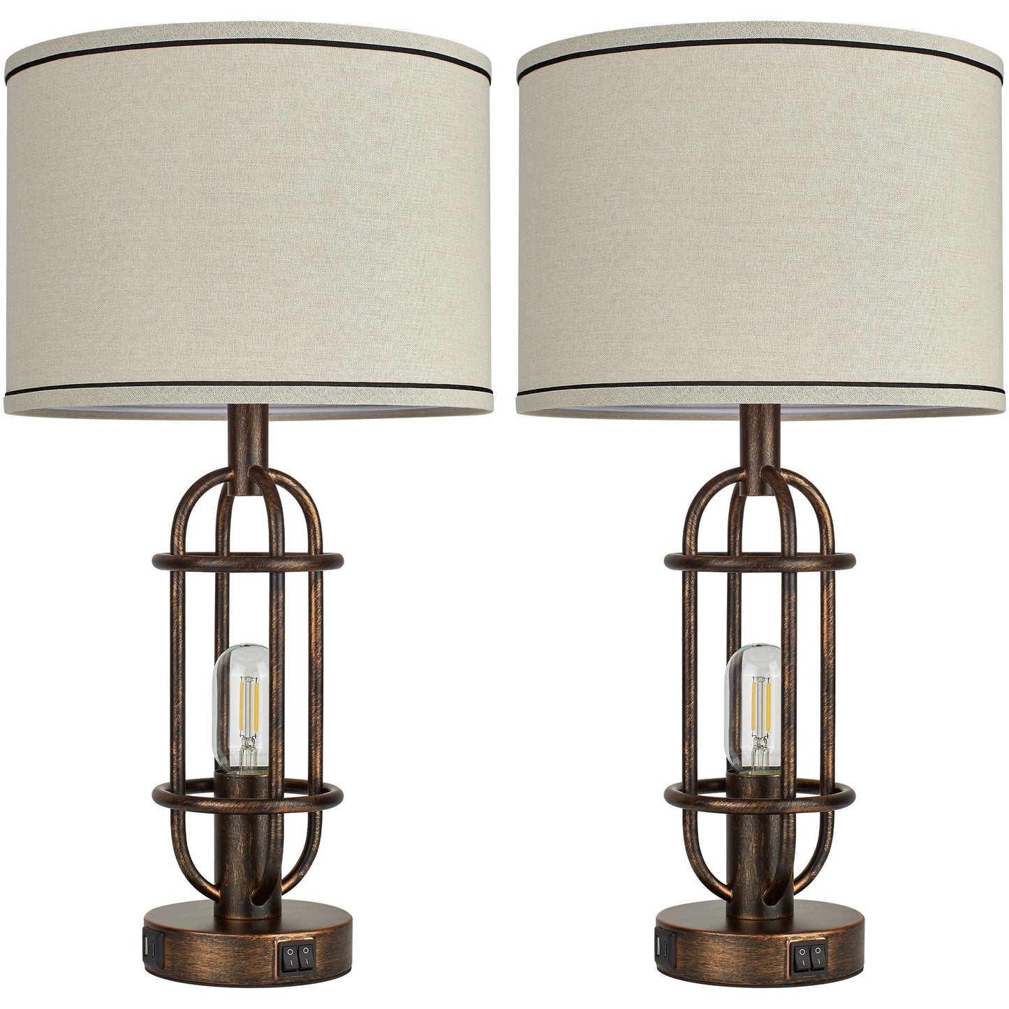 Reaketon Table Lamps for Living Room Set of 2, 22.3" Farmhouse Lamps for Nightstand, Industrial Table Lamps for Bedroom with USB Ports, Retro Bronze