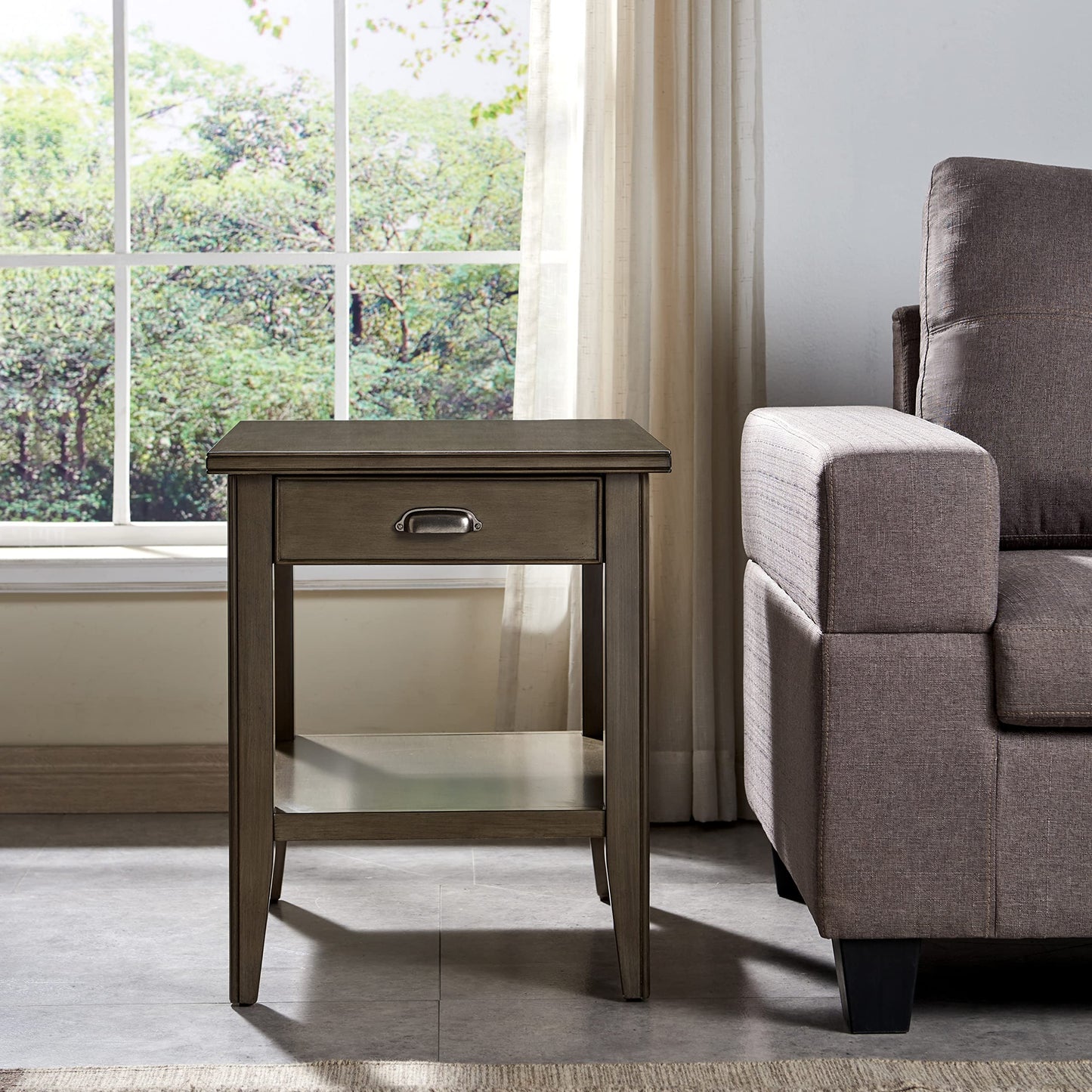 Leick Home Laurent End Table, Solid Wood, with Shelf and Drawer, Smoke Gray, 10507-GR