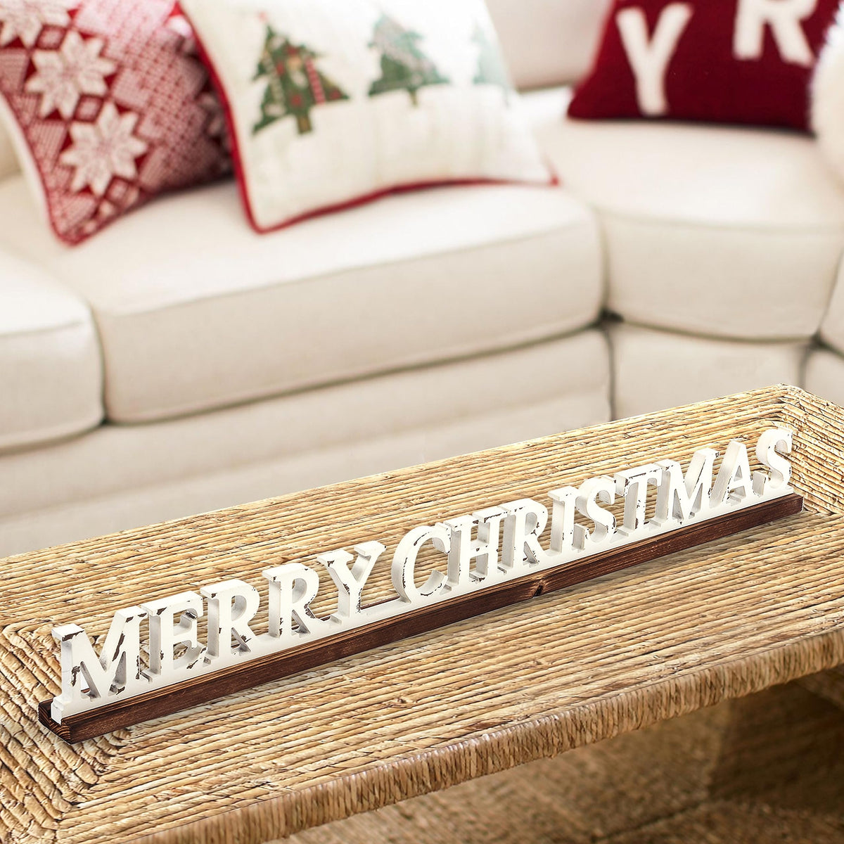 Farmhouse Merry Christmas Signs for Home Decor 36 inch, Handmade Distressed Finish White Winter Decor Christmas Wood Signs, Rustic Long Xmas Sign for Tabletop Shelf Mantle Living Room Bedroom
