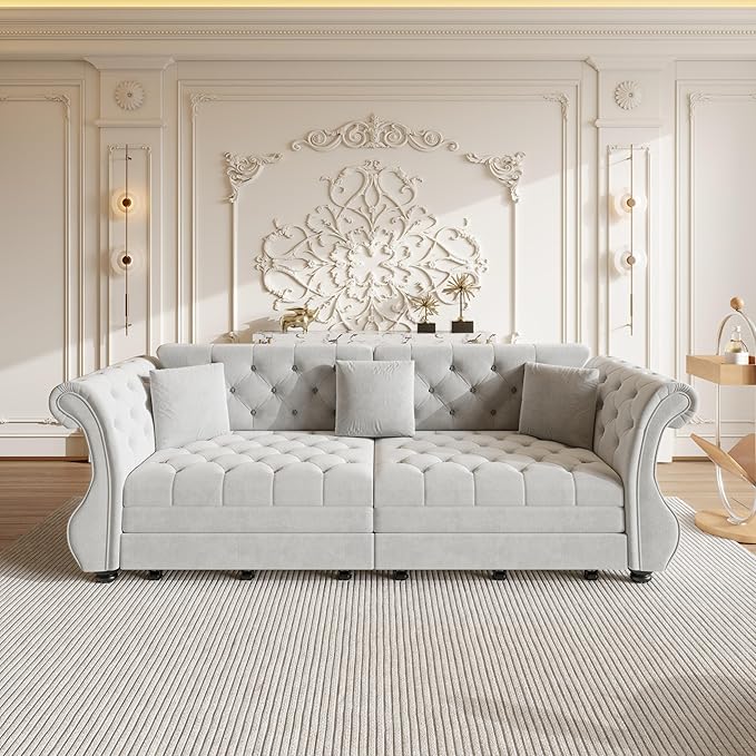 97.6" Oversized Pull Out Sofa Bed, Chesterfield Velvet Sleeper Sofa Couch