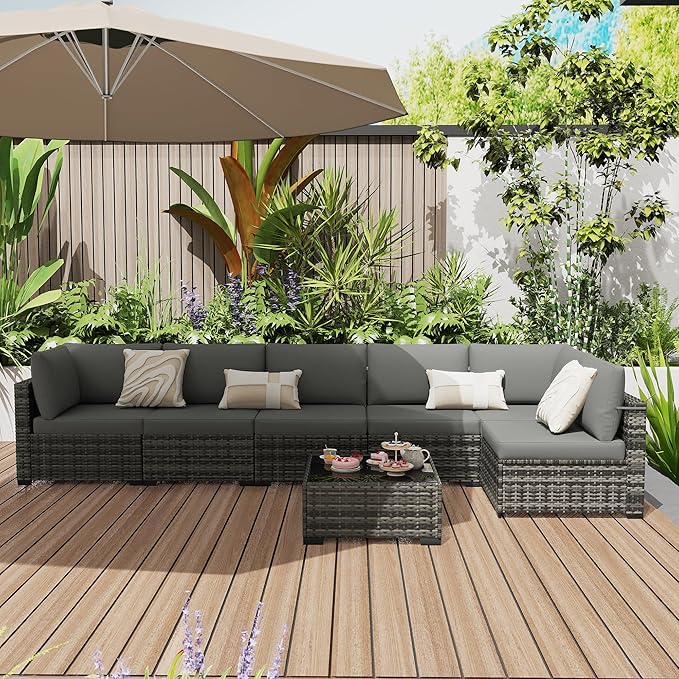 KIGOTY Patio Furniture Set, 7 Pieces Modular Outdoor Sectional Sofa, PE Rattan