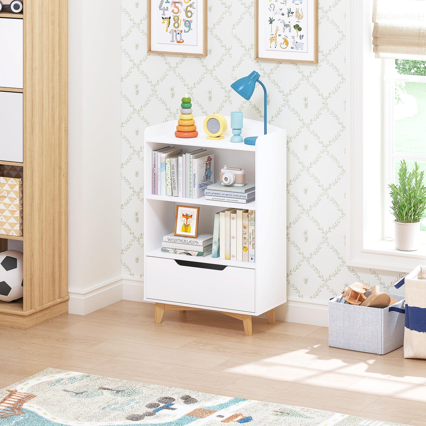 UTEX Kids Bookshelf, Children Bookcases with Storage and Drawer, Wood Kids Toy Storage Organizer for Playroom, Nursery School, White