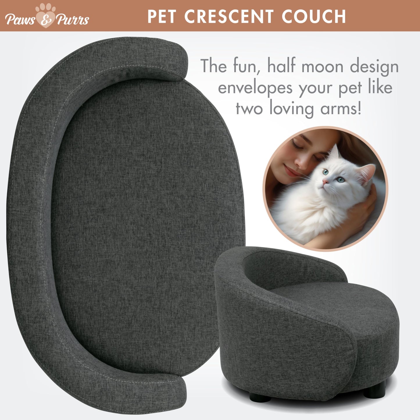 Paws & Purrs Arc Crescent Back Sofa Style Pet Bed, Dog & Cat Modern Couch with Tufted Cushion & Armrest, Stylish Indoor Pet Furniture, Dark Gray