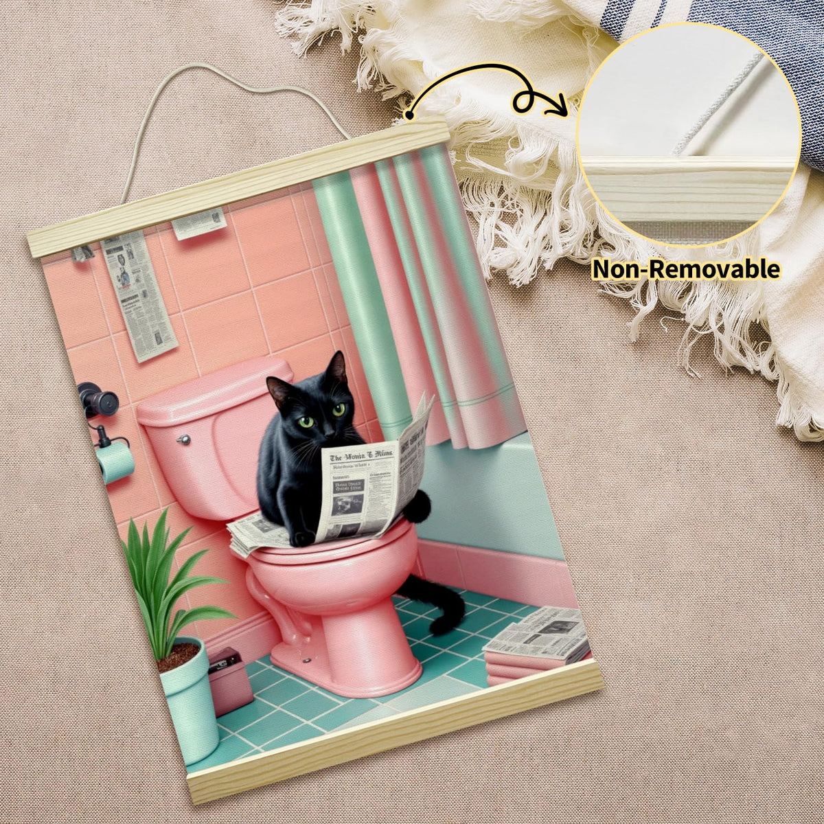 mermermu Funny Bathroom Cat Poster Hanger Frame, Shabby Chic Cute Kitten Posters Canvas Wall Art for Home Bathroom Toilet Washroom Decor, 12x16 Inches -045