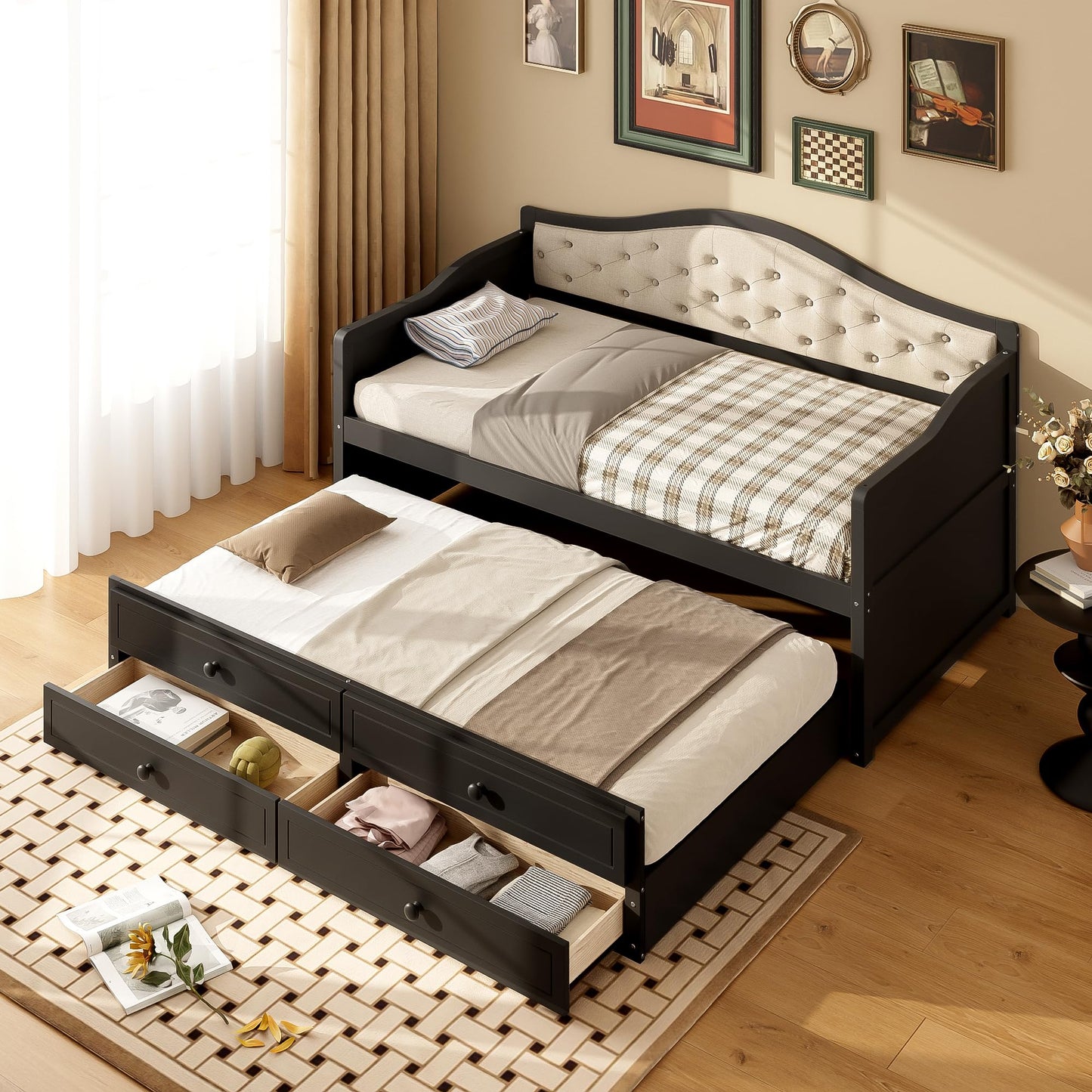 Twin Daybed with Trundle and Storage Drawers, Upholstered Button Tufted Sofa Bed for Guest Room, Modern Wooden Daybed with Pull Out Bed, Space Saving Design for Small Space, Bedroom, Dorm, Black
